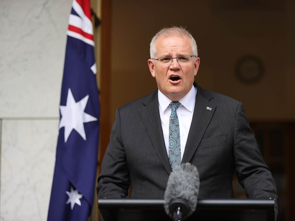 Prime Minister Scott Morrison at the press conference at Parliament House in Canberra. Picture: NCA NewsWire / Gary Ramage