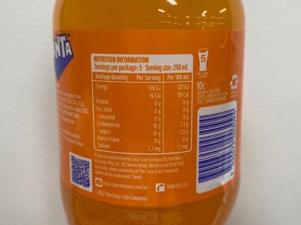 The nutritional information on a 1.25 litre bottle of Fanta. Picture: Sarah Booth