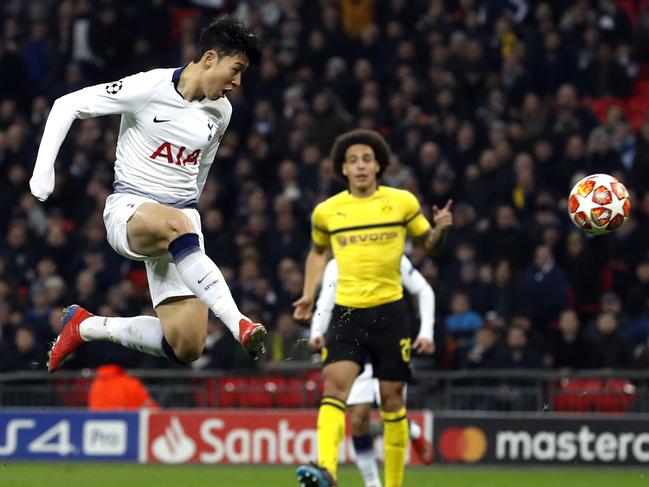 Tottenham midfielder Son Heung-min scores the opening goal during the Champions League round of 16, first leg, soccer match between Tottenham Hotspur and Borussia Dortmund at Wembley stadium in London, Wednesday, Feb. 13, 2019. (AP Photo/Alastair Grant)