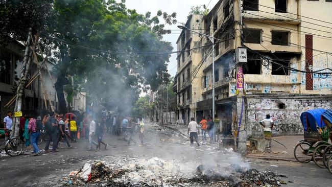 A burn-out Awami League party office in Dhaka. Picture: AFP