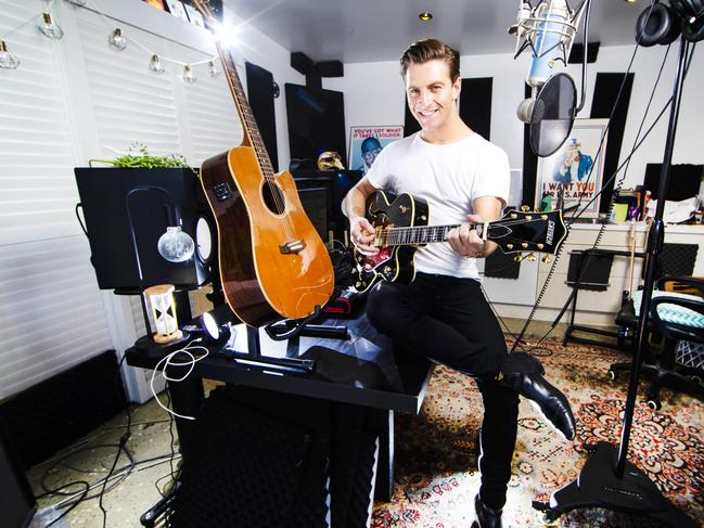 Pursuing creative passions.Brisbane Music Producer Magnus Murphy, 27, in photo with music equipment for story about pursuing passions.Picture: NIGEL HALLETT