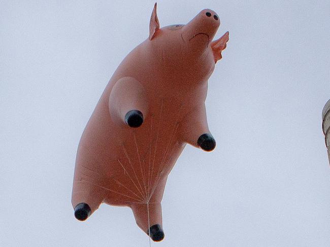 An inflatable pink pig, which was made famous on the sleeve of the 1976 Pink Floyd album 'Animals', and flies once again over Battersea Power Station in south west London, Monday, Sept. 26 2011, 35 years later, to announce the launch of the reissue and collector's edition of "Why Pink Floyd....?". (AP Photo/Joel Ryan)