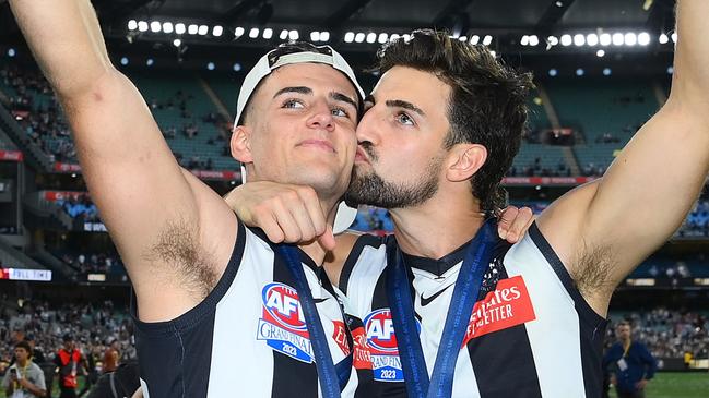 Josh Daicos (right) won Collingwood’s best and fairest from his brother Nick. Picture: Quinn Rooney / Getty Images