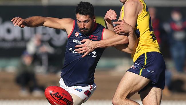 Puopolo battles for possession for Norwood against the Eagles. Picture: Dean Martin