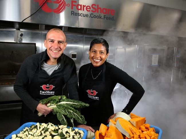 FareShare chief executive Marcus Godinho and Feed Appeal chief executive Katherine Gokavi-Whaley in the FareShare kitchen. Picture: Stuart Milligan