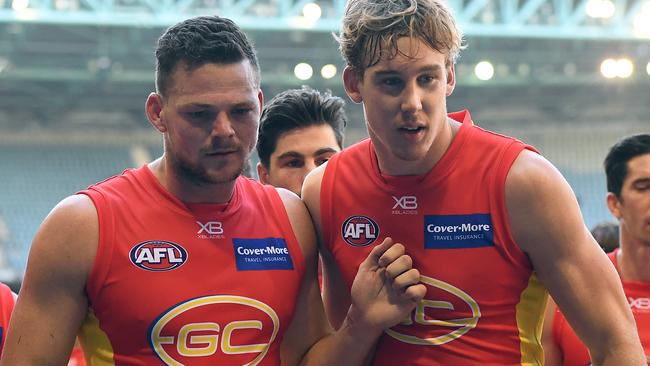 Gold Coast co-captains Steven May and Tom Lynch after the win over Carlton.