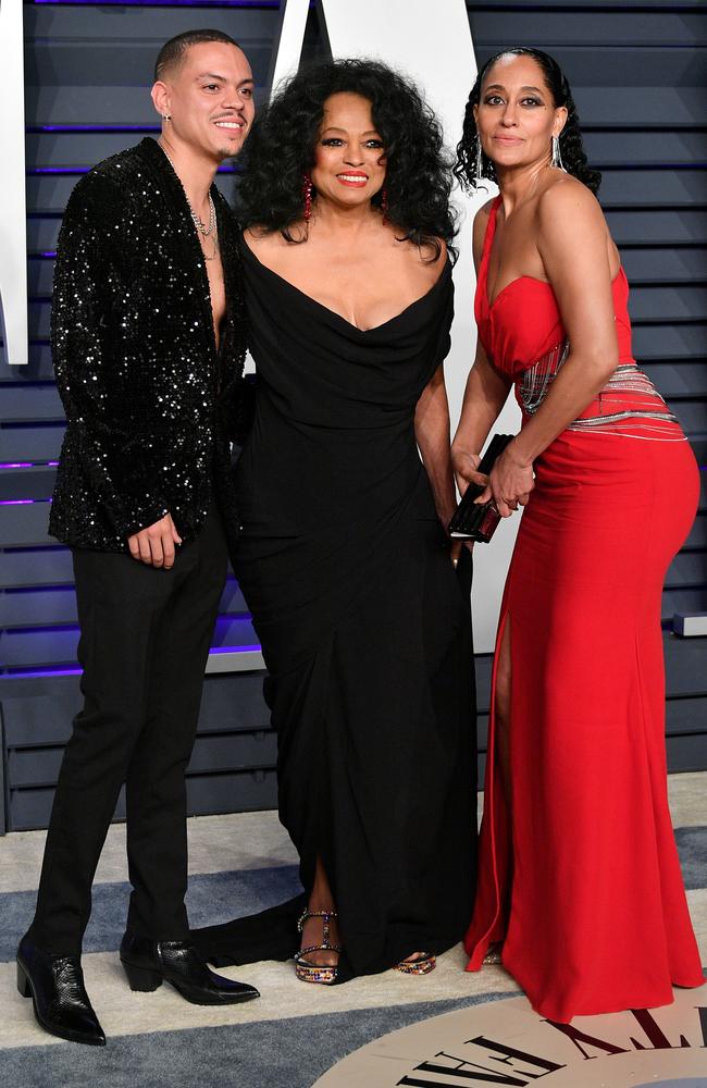 Music legend Diana Ross at the party with son Evan Ross and daughter Tracee Ellis Ross. Picture: Getty 