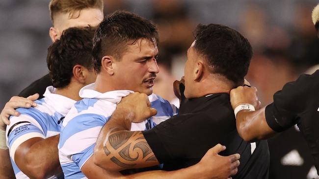 Codie Taylor of the All Blacks and Santiago Socino of the Pumas scuffle during the match. Picture: Getty Images