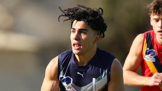 ADELAIDE, AUSTRALIA - June 30: Isaac Kako of Victoria Metro during the 2024 Marsh AFL Championships U18 Boys match between South Australia and Victoria Metro at Alberton Oval on June 30, 2024 in Adelaide, Australia. (Photo by Sarah Reed/AFL Photos via Getty Images)