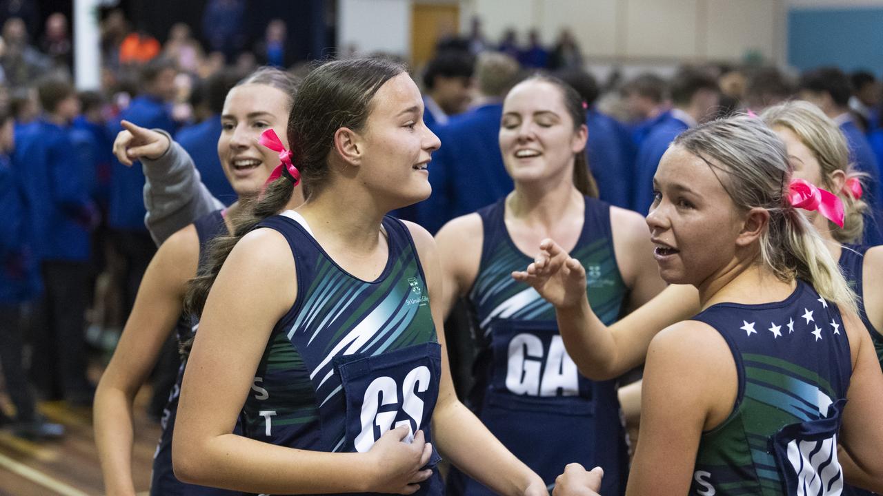 St Ursula's Senior A celebrate after defeating Downlands First VII to claim the Merici-Chevalier Cup in netball at Salo Centre, Friday, July 19, 2024. Picture: Kevin Farmer