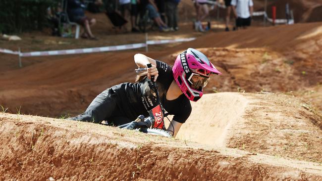 Indy Deavoli competes in the U19 Women's Dual Slalom quarter finals at the first day of the Cairns round of the Crankworx World Tour, held at the Smithfield Mountain Bike Park. Picture: Brendan Radke
