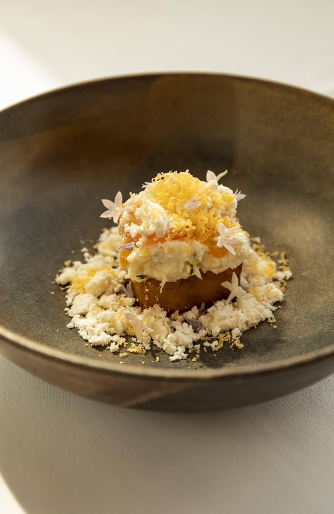 Goma Restaurant’s Fraser Isle spanner crab on a crisp potato cake Picture: Mark Cranitch.