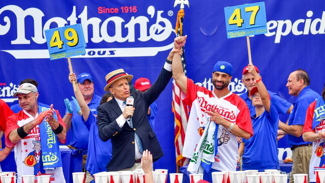 Webb celebrates after competing in the 2023 Nathan’s Famous International Hot Dog Eating Contest.