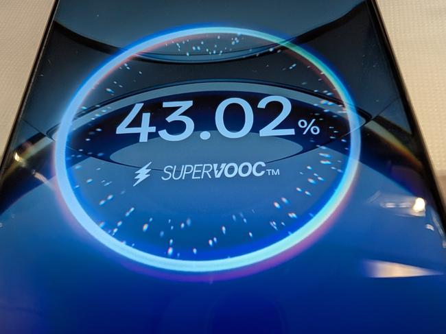 You can see phone’s battery tick upwards when it’s plugged in thanks to the SUPERVOOC charging. Picture: Supplied