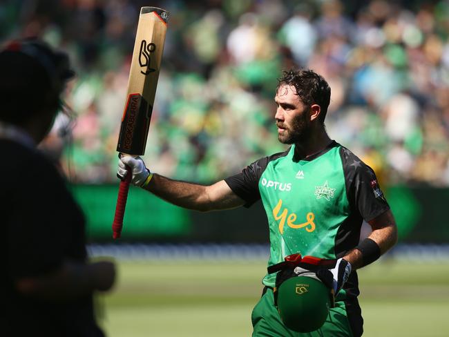 MELBOURNE, AUSTRALIA - FEBRUARY 10: Glenn Maxwell of the Stars lifts his bat after leaving the field after the first innings during the Big Bash League match between the Melbourne Stars and the Sydney Sixers at Melbourne Cricket Ground on February 10, 2019 in Melbourne, Australia.  (Photo by Mike Owen/Getty Images)