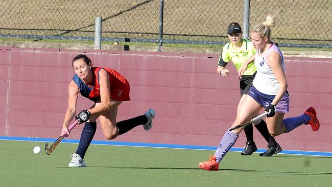 Ascot 1 player Angie Lambert takes control on the ball. Commercial 1 vs Ascot 1 in the Hockey finals. Saturday 26, 2020. Picture, John Gass.