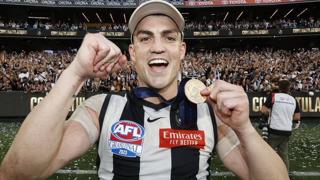 MELBOURNE, AUSTRALIA - SEPTEMBER 30: Brayden Maynard of the Magpies poses with his Premiership Medal after during the 2023 AFL Grand Final match between Collingwood Magpies and Brisbane Lions at Melbourne Cricket Ground, on September 30, 2023, in Melbourne, Australia. (Photo by Darrian Traynor/AFL Photos/via Getty Images)