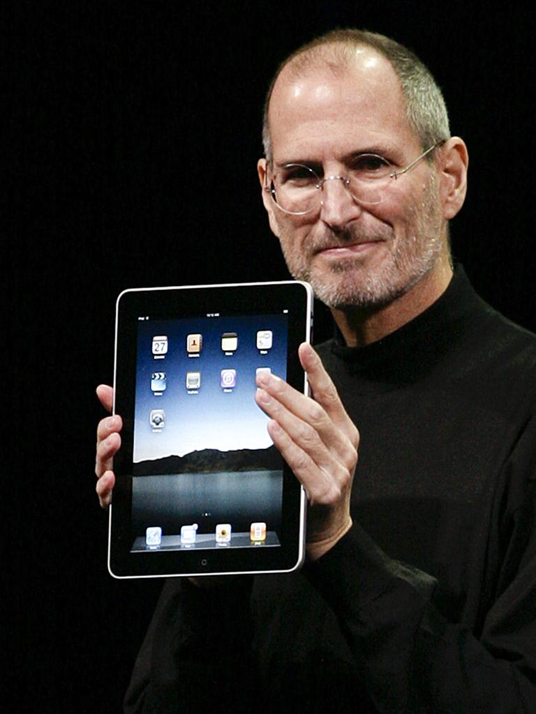 Then Apple CEO Steve Jobs as he announces the new iPad in San Francisco, 