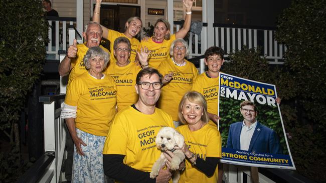 Toowoomba Regional Council Mayor Geoff McDonald with family including wife Lisa (front) at his post-election celebration, Saturday, March 16, 2024. Picture: Kevin Farmer