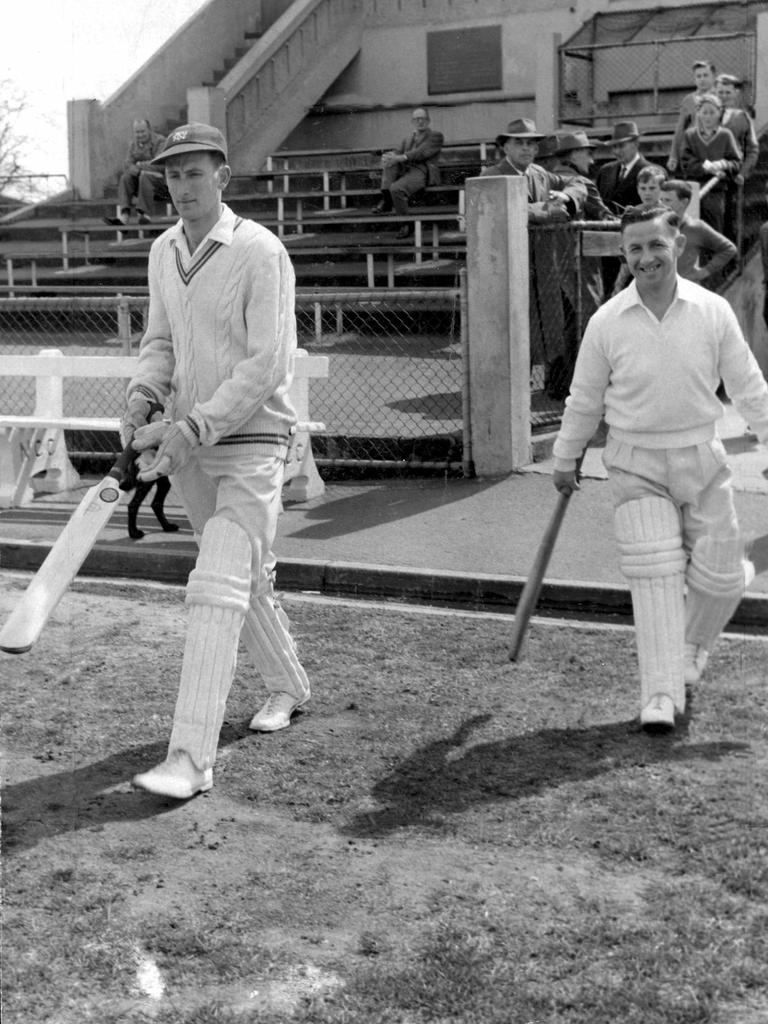 Lawry and Don Gough go out to bat for Northcote against South Melbourne in 1962.