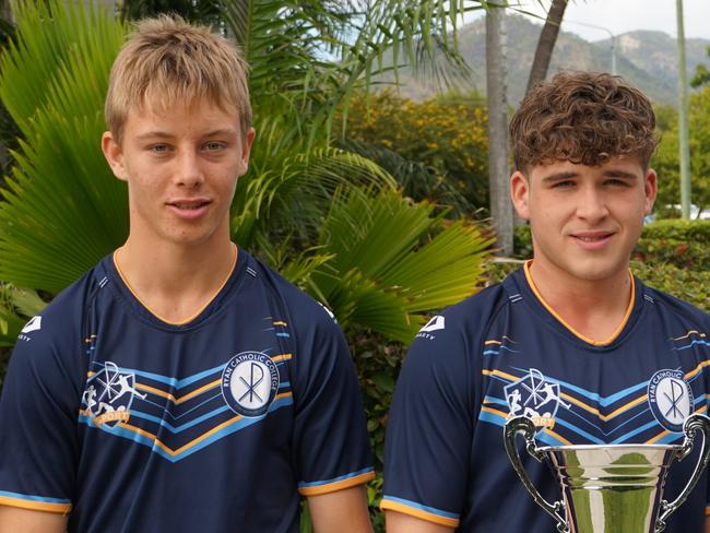 Ryan Catholic College will contest the NQISSRL Blackhawks Schoolboy Trophy in the u15 Grand Final on Wednesday, June 7. Pictured from left to right: Halfback Brad Pilchowski, Captain Aston Smith and 5/8 Ryan Rath. Picture: Supplied.