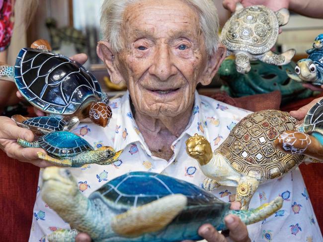 Collecting turtles is helping keeping Jack Turner, who turns 102 in May, spritely. Picture: Kelly Barnes