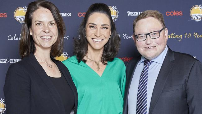 The Weekly Times Coles Farmer of the Year Awards 10-year anniversary at the National Portrait Gallery in Canberra. (From left) Coles corporate and indigenous affairs general manager Sally Fielke, MC Giaan Rooney and The Weekly Times Editor James Wagstaff.