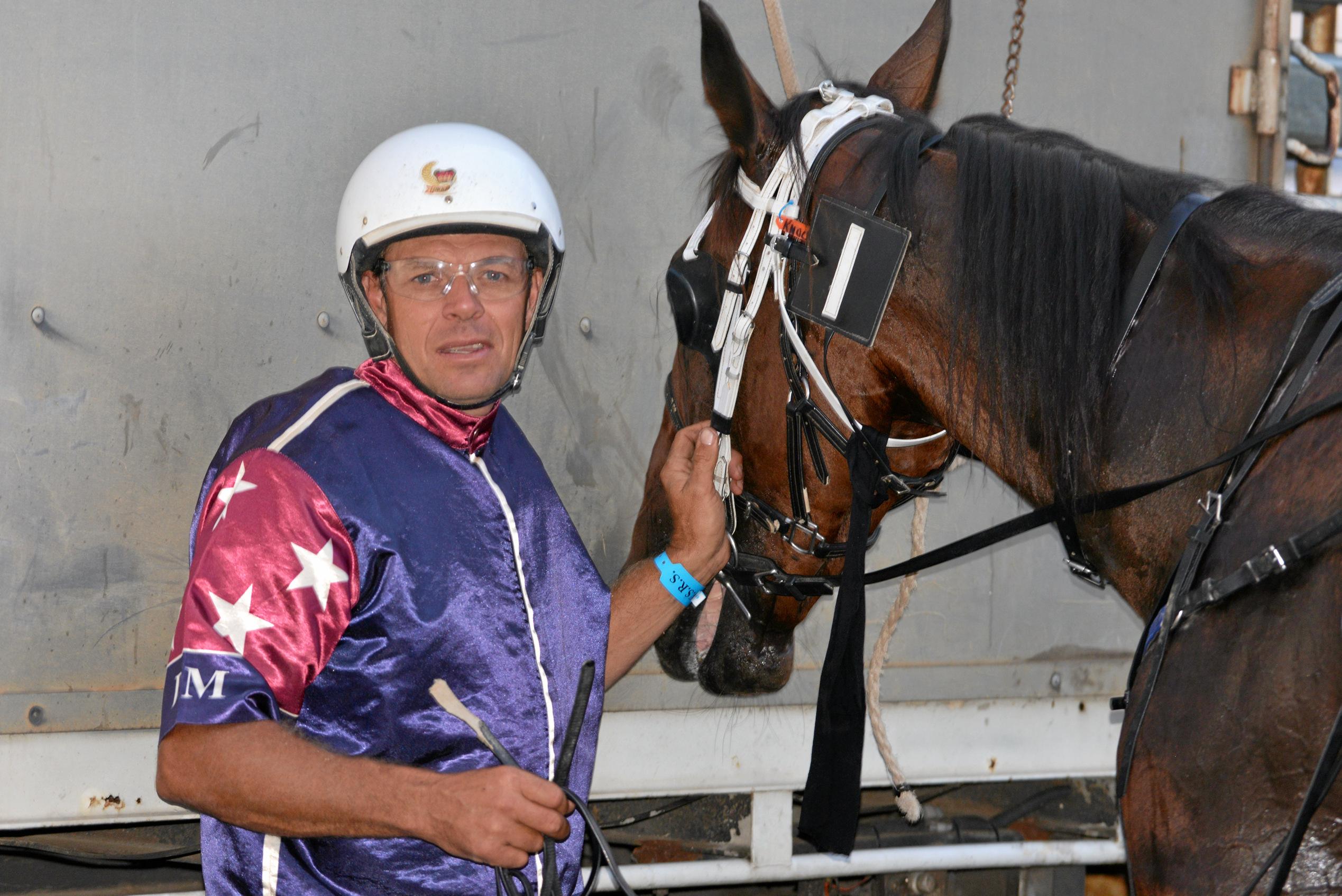 Warwick driver Dayl March wins the first harness race at the Warwick Showgrounds for 17 years. Picture: Gerard Walsh