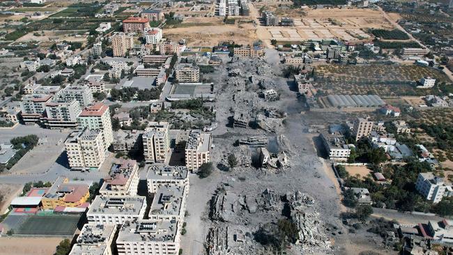 An aerial view shows destroyed buildings in al-Zahra city, south of Gaza City. Picture: AFP