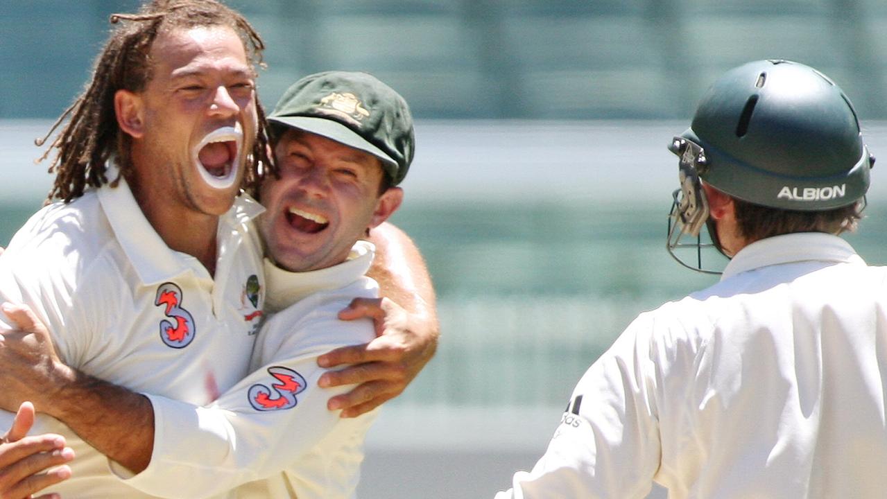 Great mates: Andrew Symonds, Ricky Ponting and Adam Gilchrist celebrate a wicket in the Boxing Day Test in 2007. Picture: AFP