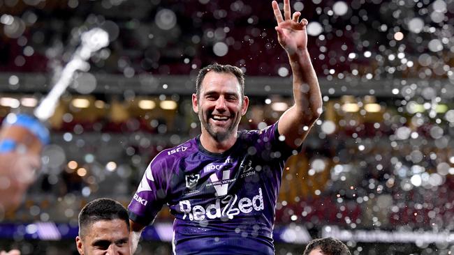 BRISBANE, AUSTRALIA - OCTOBER 16: Cameron Smith of the Storm is chaired from the field after the NRL Preliminary Final match between the Melbourne Storm and the Canberra Raiders at Suncorp Stadium on October 16, 2020 in Brisbane, Australia. (Photo by Bradley Kanaris/Getty Images)