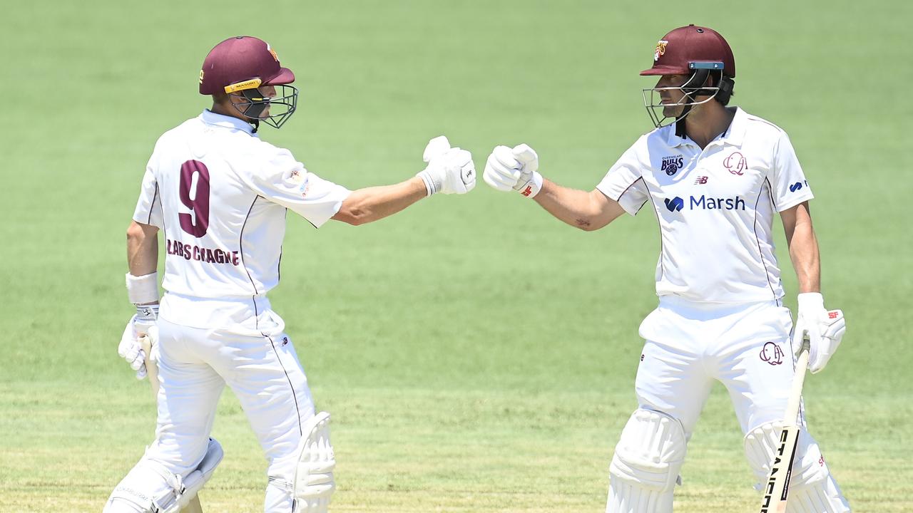 Marnus Labuschagne and Joe Burns o come together in Townsville, Australia. (Photo by Ian Hitchcock/Getty Images)