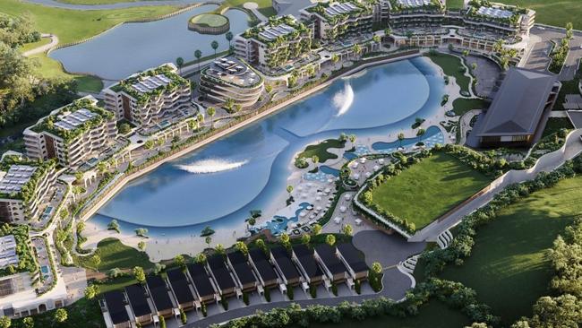 New designs showing an aerial shot of the $300m wave pool tourism attraction at Parkwood on the Gold Coast.