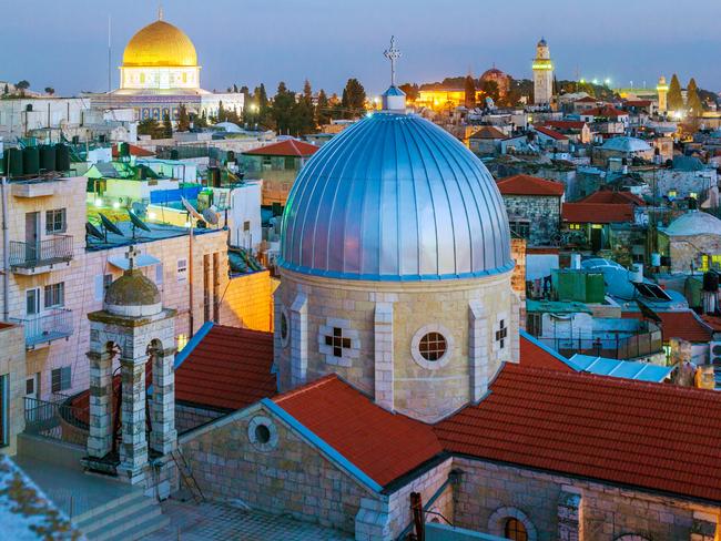 Jerusalem Old City showing the Temple Mount, left, Holy Sepulchure, foreground, and Tower of David, right.