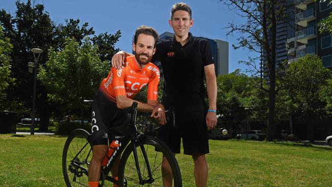 Rider Simon Geschke from CCC Team and director Jackson Stewart are the first team in Adelaide ahead of the TDU. On Tuesday they're doing a reconnaissance of the bushfire affected hills towns. Picture: Tom Huntley