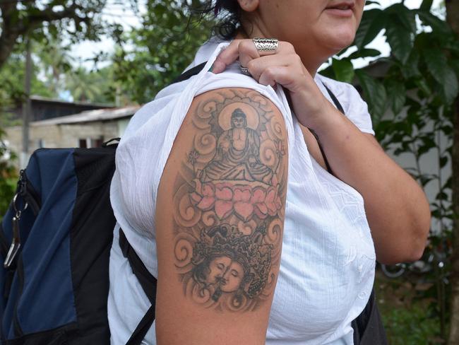 Naomi Coleman’s tattoo of Buddha was considered offensive in Buddhist-majority Sri Lanka. Picture: AFP/Lakruwan Wanniarachchi