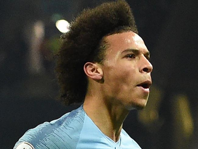 Manchester City's German midfielder Leroy Sane celebrates after scoring their second goal during the English Premier League football match between Manchester City and Liverpool at the Etihad Stadium in Manchester, north west England, on January 3, 2019. (Photo by Oli SCARFF / AFP) / RESTRICTED TO EDITORIAL USE. No use with unauthorized audio, video, data, fixture lists, club/league logos or 'live' services. Online in-match use limited to 120 images. An additional 40 images may be used in extra time. No video emulation. Social media in-match use limited to 120 images. An additional 40 images may be used in extra time. No use in betting publications, games or single club/league/player publications. /