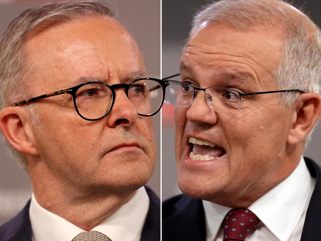 COMPOSITE IMAGE - (BOTH HAVE SAME CAPTION)FEDERAL ELECTION TEAM 2022. LEADERS DEBATE.  POOL IMAGES. 20/4/2022Sky News / The Courier-Mail PeopleÃƒÆ’Ã‚â€¢s Forum with Scott Morrison  and Anthony Albanese at the Gabba, Brisbane in front of 100 undecided voters, the first debate of the federal election. Picture: Toby Zerna