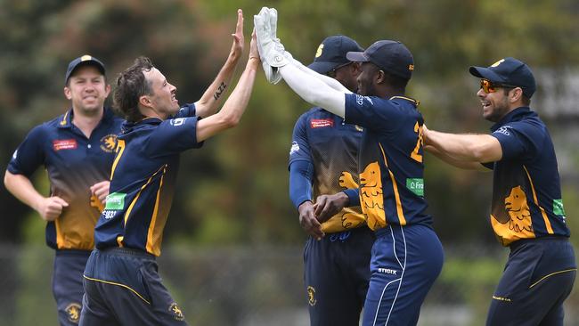 Will Lee celebrates a wicket with his Strathmore teammates. Picture: Julian Smith