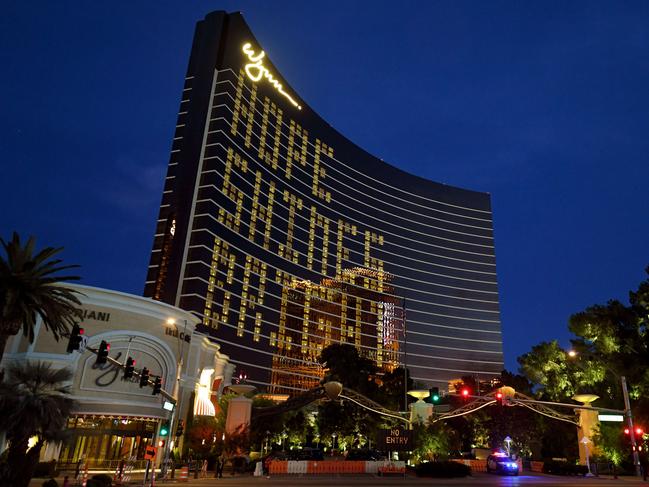 Guest rooms at the Wynn Hotel in Las Vegas are illuminated to spell out "Hope Shines Bright" as America passed one million coronavirus cases. Picture: Getty Images/AFP