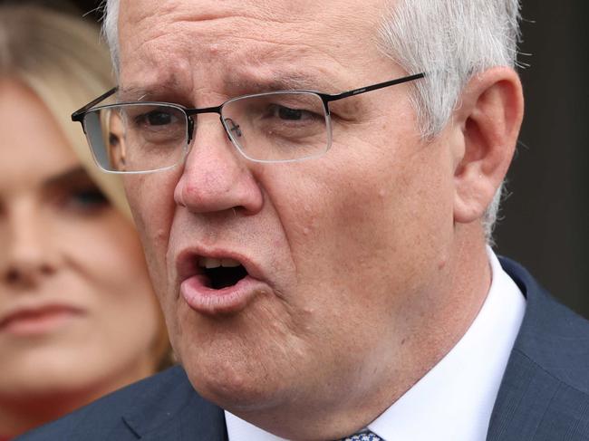 SYDNEY, AUSTRALIA - NewsWire Photos DECEMBER 8, 2021: Prime Minister Scott Morrison pictured at a press conference at Penshurst Girls High School. Picture: NCA NewsWire / Damian Shaw