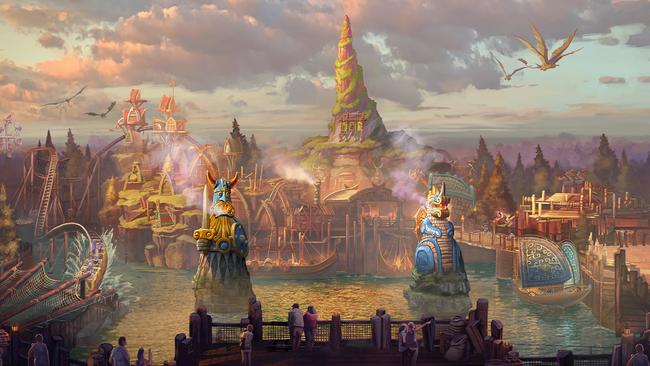 The first impression of the Isle of Berk is stunning, featuring a lagoon with two 40-foot-tall Viking statues as you step into the movie. Photo: Universal Epic Universe