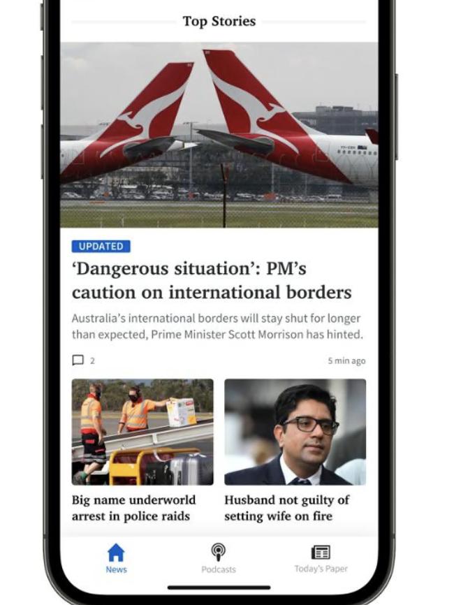 The Advertiser app's home screen displays 20 top stories curated by our editors, plus personalised content selected by you.