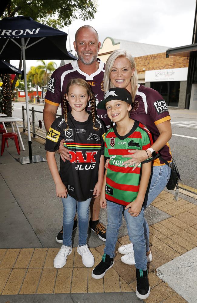 Wayne and Beth Bennett with Lily Bennett, 9, and Henry Bennett, 9 pictured at the Broncos v Rabbitohs, round 1, on Caxton Street, Brisbane 11th of March 2022. This is the first game for the BroncosÃ• season.