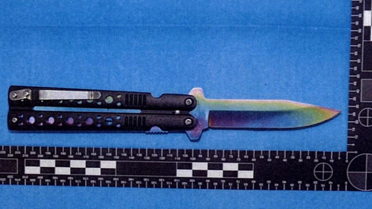 Police seized this black folding knife which Raquel Hutchison used to threaten Mr Walker after she sprayed Exit Mould in his eyes. Picture: NSW Police.