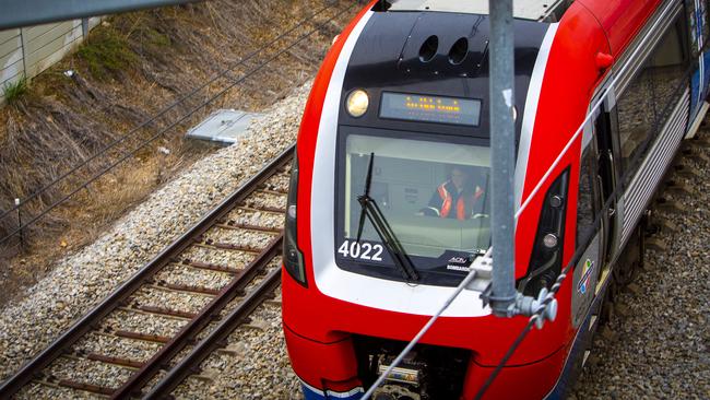 A train departs the Adelaide Parklands Terminal, Train Station, Keswick Terminal South Australia. Picture NCA NewsWire / Emma Brasier