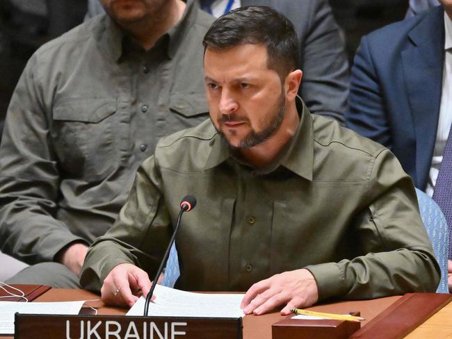 Ukrainian President Volodymyr Zelenskyy speaks during a high level Security Council meeting on the situation in Ukraine on the sidelines of the 78th UN General Assembly, at UN headquarters in New York City on September 20, 2023. (Photo by ANGELA WEISS / AFP)