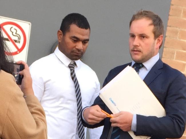 Iliesa Cama (white shirt) leaving Wyong Local Court with his lawyer Joshua Whale. Picture: Richard Noone