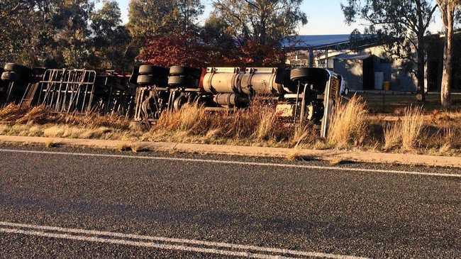 B-double rollover came to rest on highway. Picture: Samantha Wantling