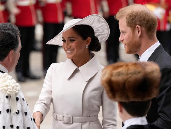 Meghan and Prince Harry arrive to attend the National Service of Thanksgiving. Picture: AFP